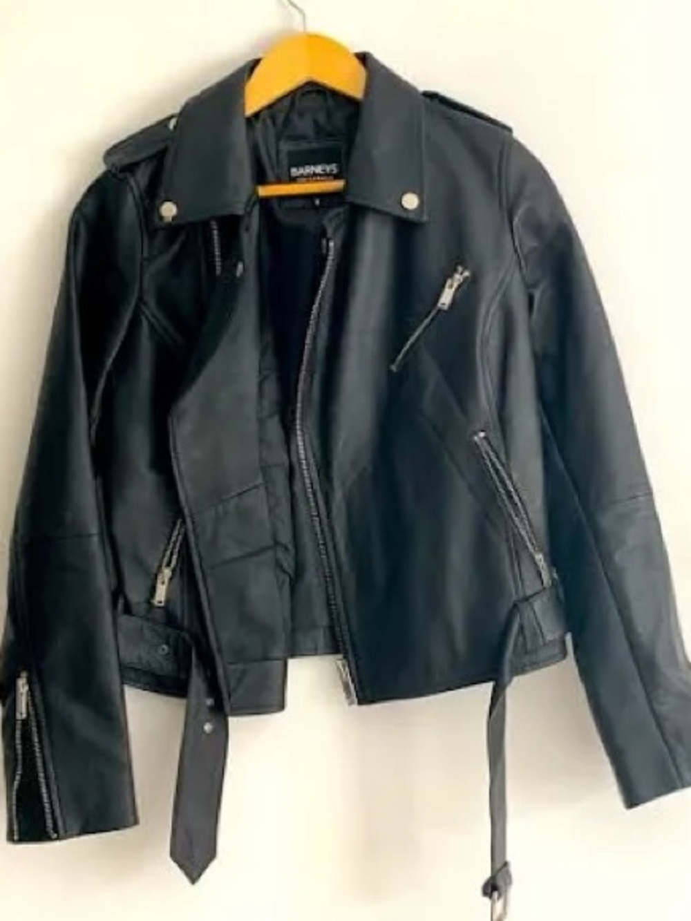 Barneys New York Black Leather Biker Jacket with Belt Small